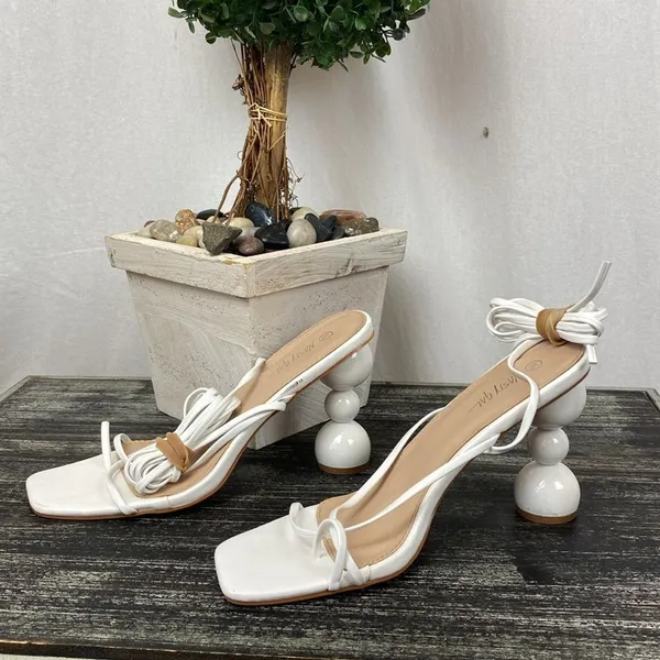 Nasty Gal White Square Toe Strappy Ankle Tie Cone Heel Sandal Shoes 9 - Image 2