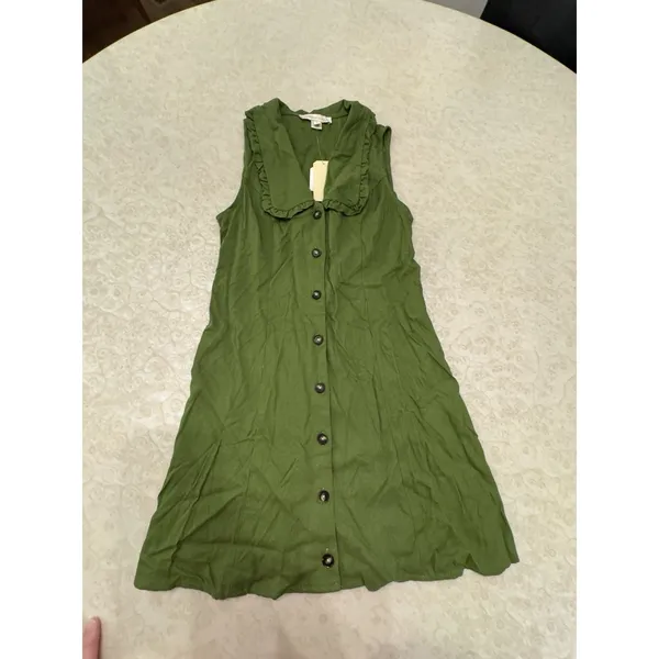 Monteau‎ dress button-front Shirt ruffle Peter Pan collar Linen Green Size Small - Image 3