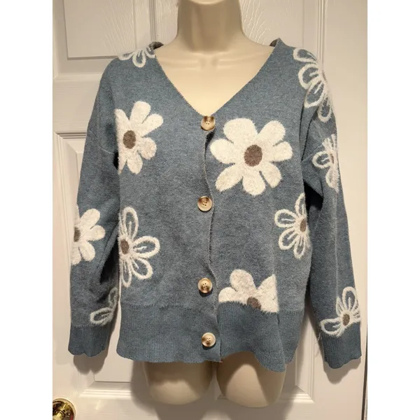 Unbranded Women Floral Fuzzy Cardigan Sweater Blue‎ Daisy Button Front Medium - Image 3
