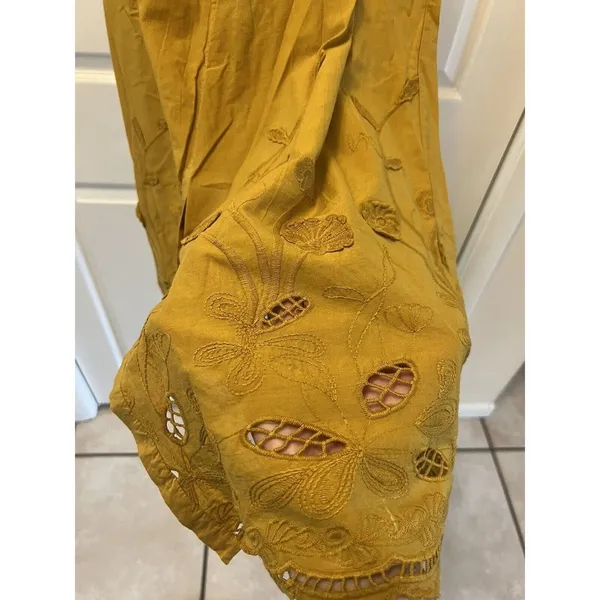 Zara Midi Dress Women’s Size Small Mustard Yellow‎ Smocked Embroidered tie front - Image 5