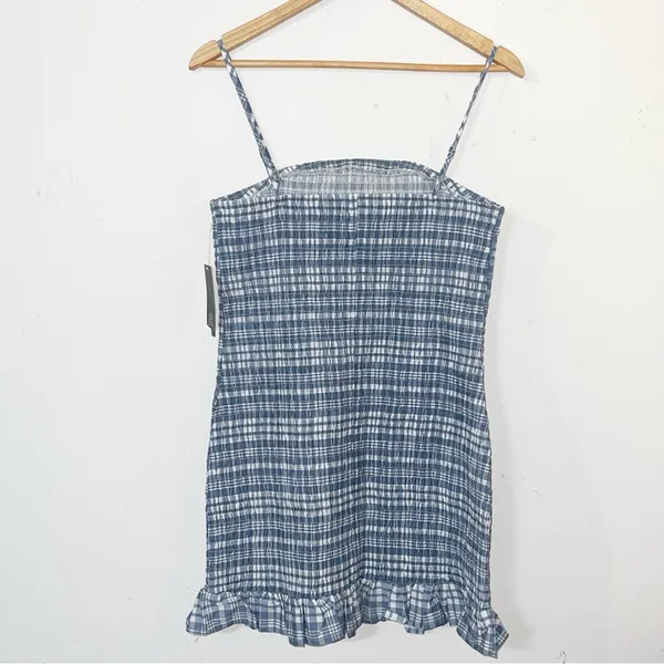 Wild Fable gingham smocked slate blue white mini summer dress w/ ruffle details - Image 7