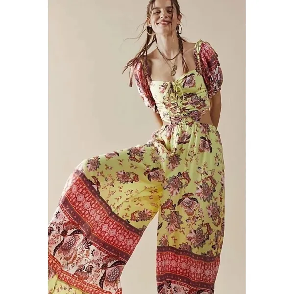 FREE PEOPLE Womens Medium‎ Green Bali Citrus Skies Jumpsuit Floral Cut Out New - Image 3