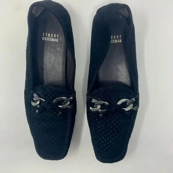 Stuart Weitzman‎ Black Suede Perforated Loafers - Image 2