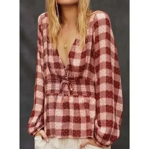 Pilcro Blouse Women Medium Red Plaid Smocked‎ Waist V-Neck Boho Top - Image 2