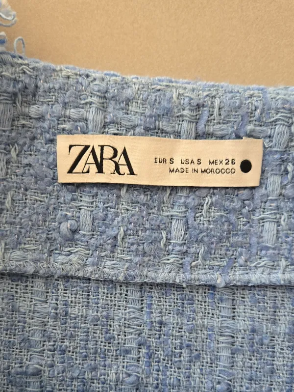 New Zara Sky Blue Tweed Dress With Crystal Buttons Size S - Image 9