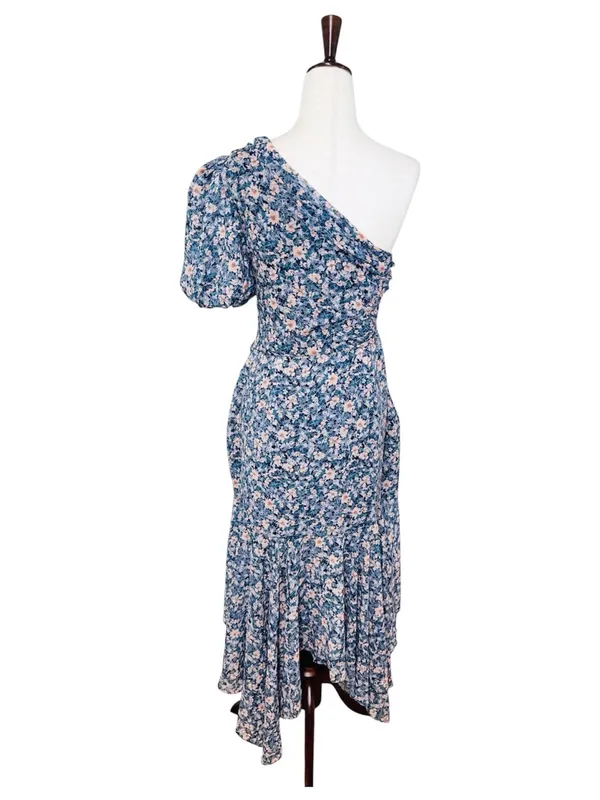 ASTR Santorini One Shouler Midi Dress Medium Blue Floral Wedding Guest Romantic - Image 3