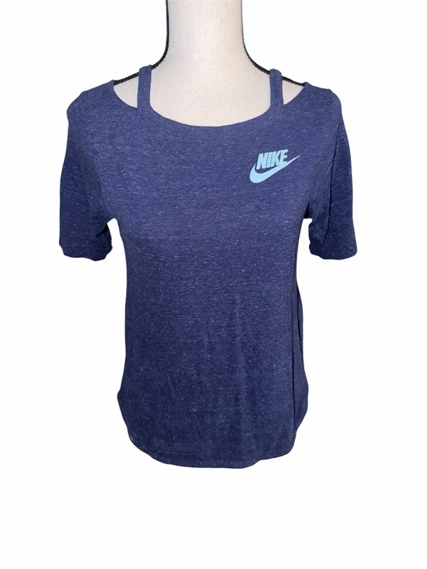 Nike Girls Cold Shoulder Blue Heather Athletic Workout Top Size Large - Image 2