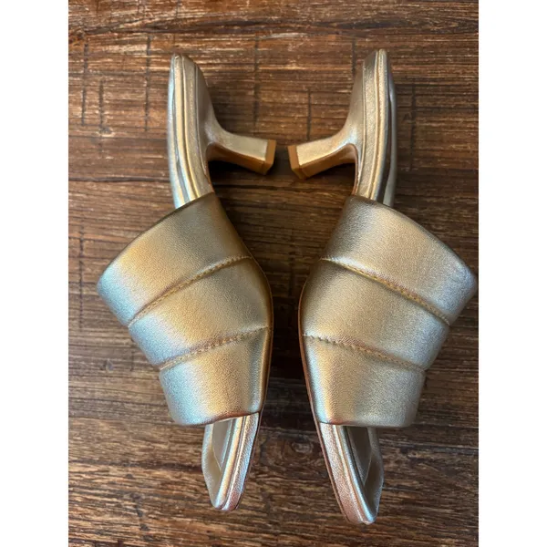 Vince Ceil‎ Mule Sandals Women 9 Gold Quilted Metallic Leather Kitten - Image 6