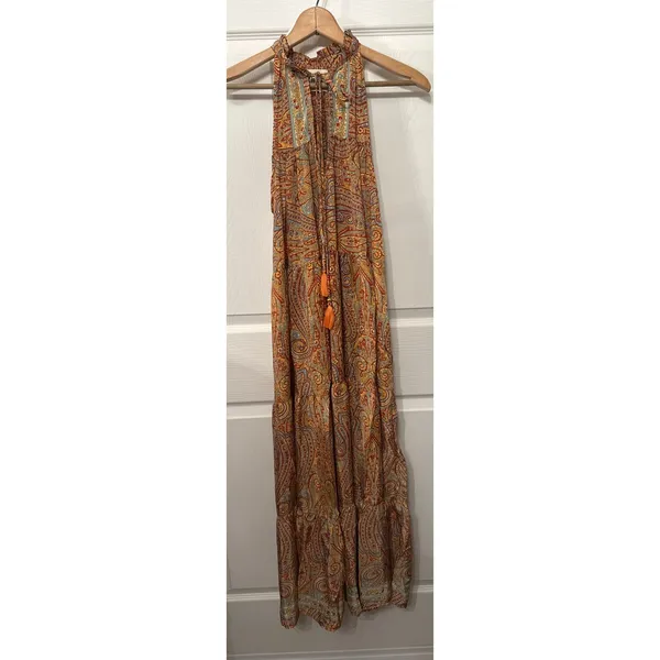 NWOT Rhea Made in India Silk Blend Paisley Halter Maxi Dress Boho Festival, S - Image 5