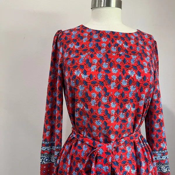 LOFT‎ Border Floral Red Long Sleeve Boho Tie Waist Dress Size XS - Image 4