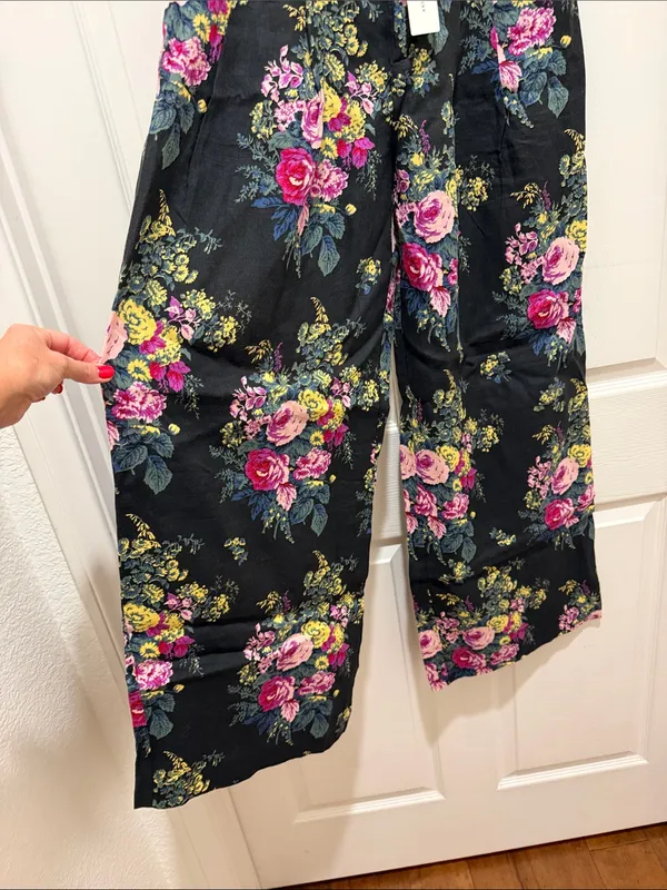 Maeve by Anthropologie Avery Black Floral Rose Wide-Leg Pants Linen Trousers XS - Image 5