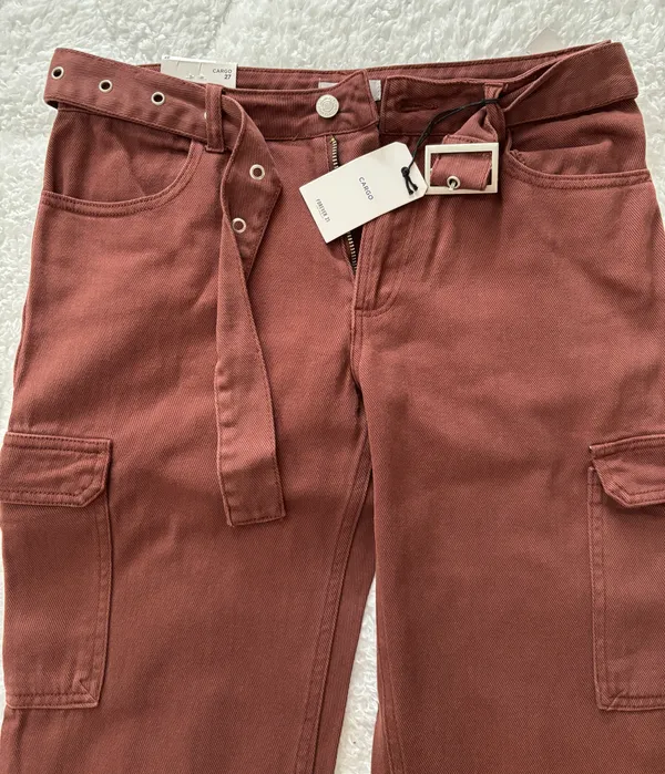 Belted Denim Cargo Jeans Brown - Image 6