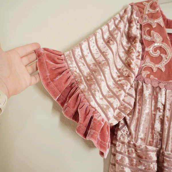 POL Size Small Pink Velvet Burnout Shirt Blouse Sequin Embroidered Ruffle Boho - Image 5