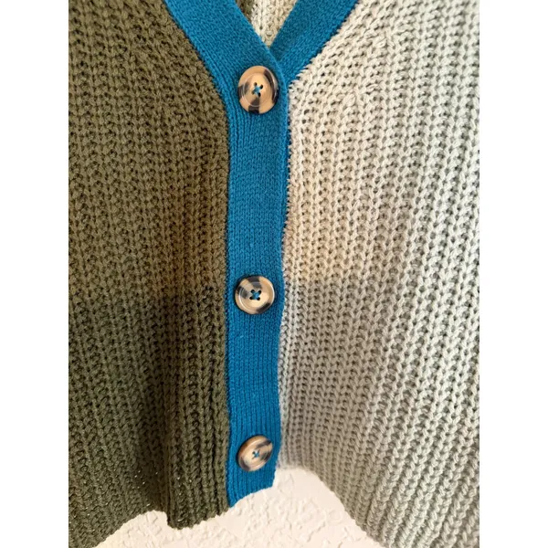 True Craft Cardigan Multicolor Green Blue L Women Colorblock Cropped Knit V-Neck - Image 7