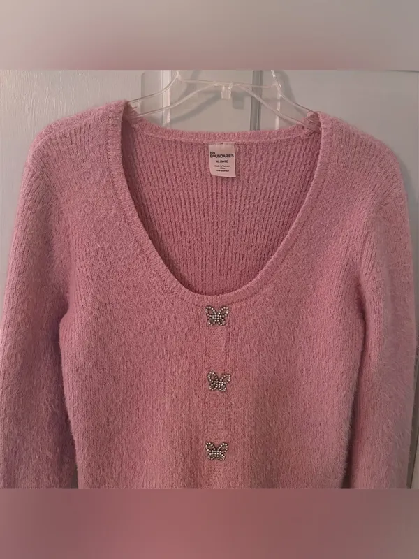 Pink Fuzzy Rhinestone Butterfly Button Long Sleeve Sweater - Image 4