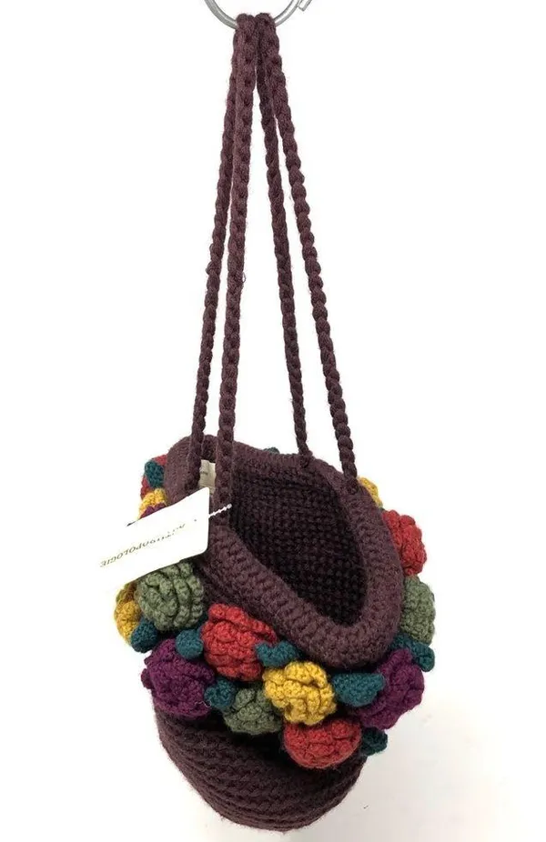 ANTHROPOLOGIE brown crochet wool bag with crochet flowers, NWT - Image 6