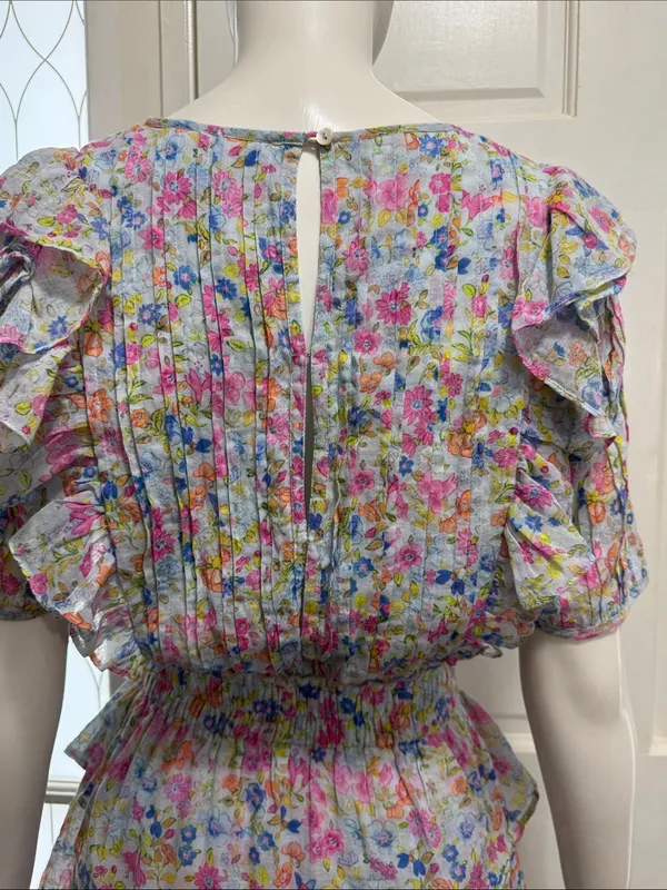LoveShackFancy 100% Cotton Smocked Ruffle Mini Dress Blue & Pink Floral Size XS - Image 12