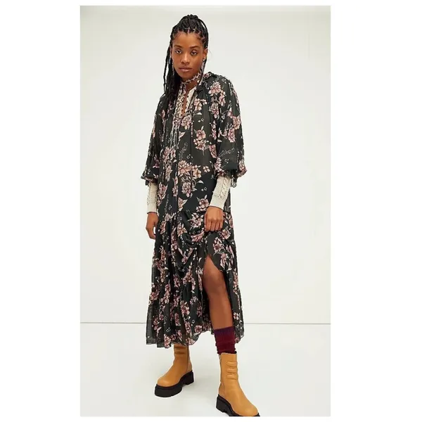 NEW FREE PEOPLE Feeling Groovy Floral-print Chiffon Maxi Dress Size Large - Image 4
