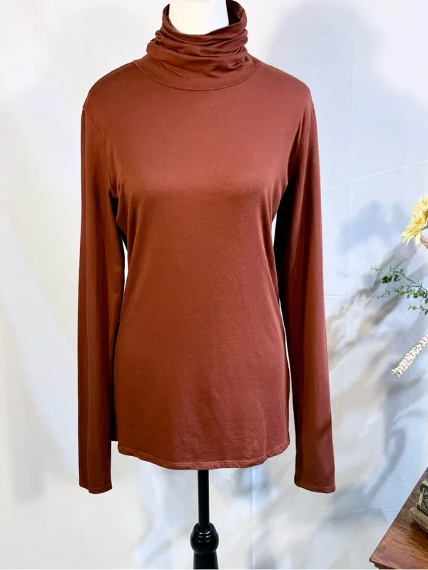 💥Peruvian Connection Extreme T-Neck Terracotta Pima Cotton Stretch Top Sz M🧡 - Image 11
