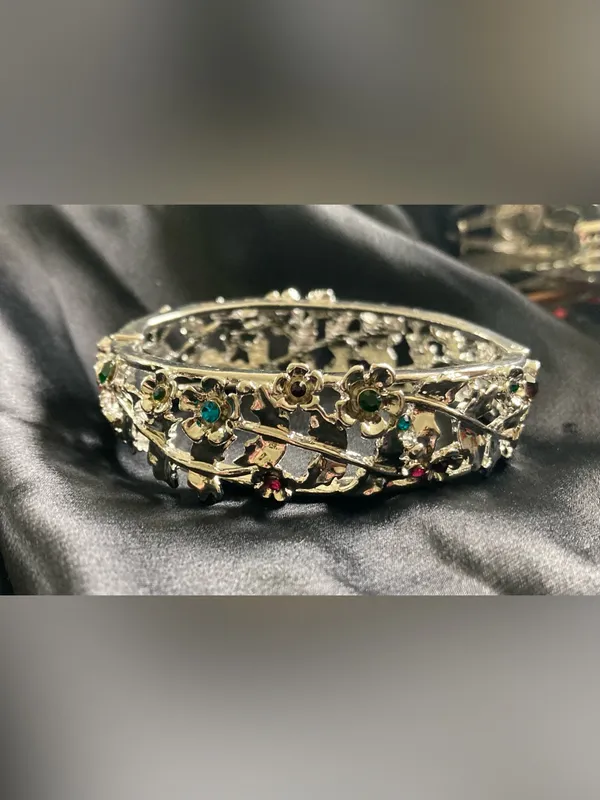 Silver Floral Bangle Bracelet w/ Pink, Green and Teal Crystal Accents - Image 2