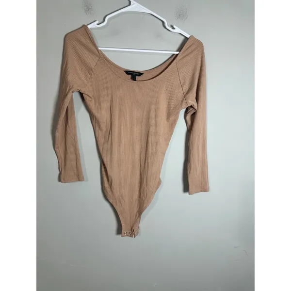 Banana Republic Womens Ribbed Long‎ Sleeve Scoop Neck Bodysuit Tan Beige Small - Image 2