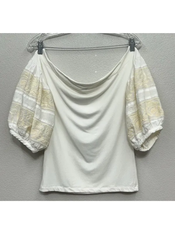 Free People Top Shirt Women's Rock with It Knit Off Shoulder Embroidered Cream S - Image 3