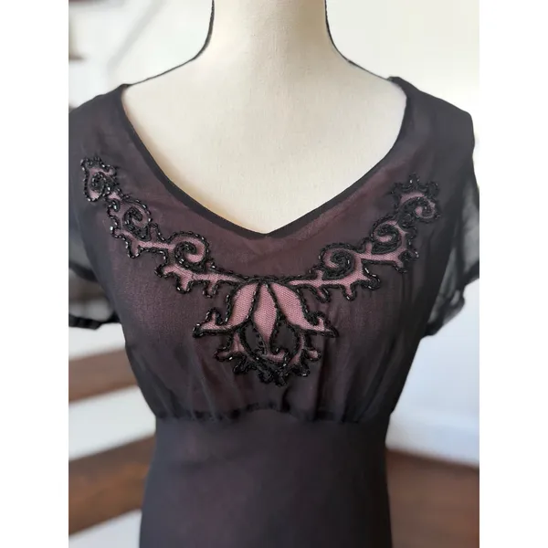 Vintage 90s Black Sheer & Pink Beaded Floral Maxi Slip Dress Whimsygoth Witchy - Image 2