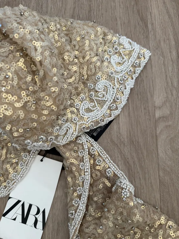 Zara Sequin Lace Pearl sparking Headscarf wrap embroidered festival boho hat - Image 7
