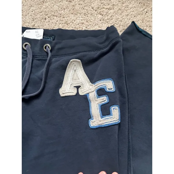 Y2K Vintage Flare Sweatpants American Eagle Navy Blue Wide Leg Raw Hem XL - Image 2