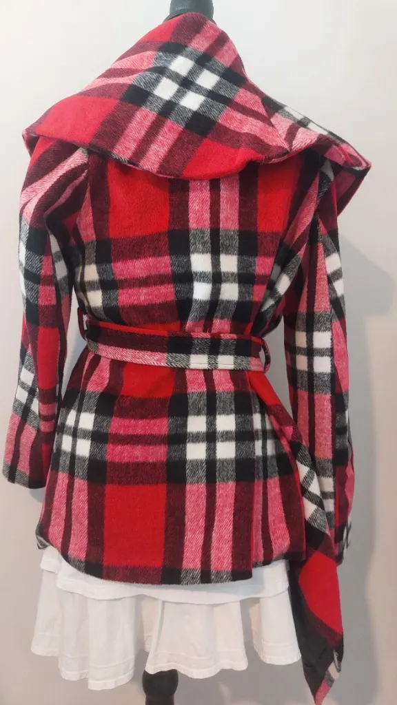Plaid Flannel Drape Belted Jacket (Red) – M - Image 3