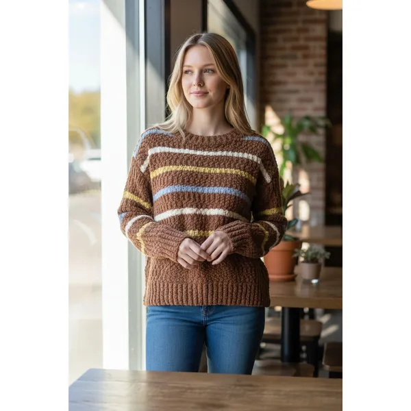 Adora Sweater M Brown with multicolor stripes Preppy‎ Autumn Cozy Earthy Classic - Image 10