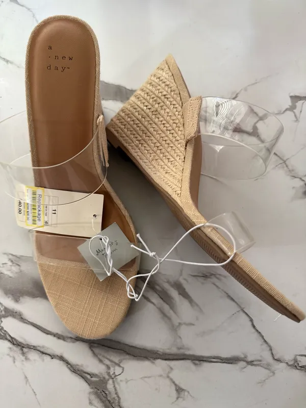A New Day Women’s Clear Double Strap Heels – Beige Linen Memory Foam Mules Size 11 NWT - Image 2