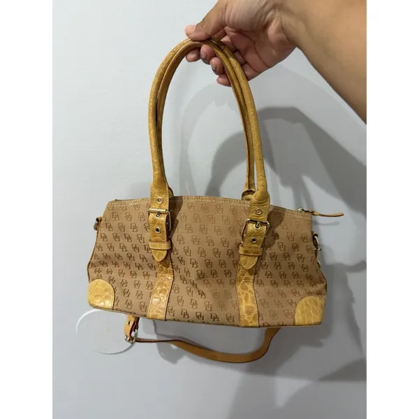 Vtg Dooney‎ & Bourke Y2K Satchel Handbag Monogram Canvas Croc Embossed Trim F - Image 5