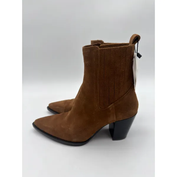 Mango Western Tobacco Cognac Brown Bovine Suede Leather Block Heel Boots 9.5 - Image 4