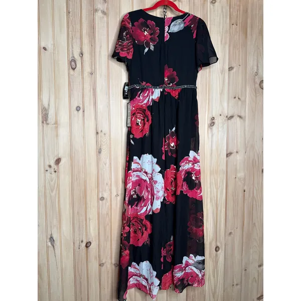 NWT SLNY Cowl Neck Floral Maxi Dress Black Red Floral Flutter Sleeve Size 6 - Image 10