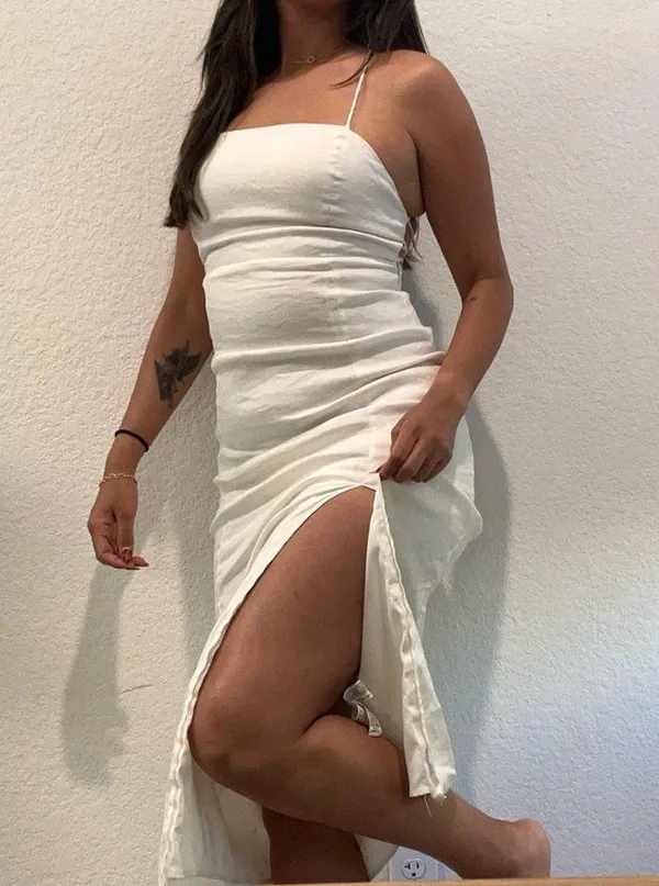 Zara White Ruched Spaghetti Strap Bodycon Dress - Image 3