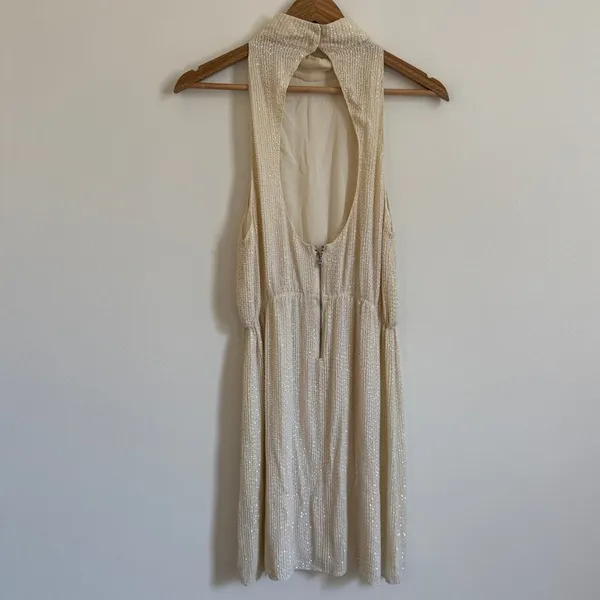 Alice + Olivia Sequin Beaded Mini Dress Size Medium Cream neutral party - Image 6