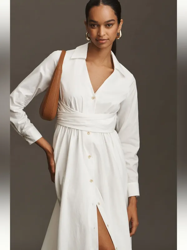 NWT Hutch White Button-Front Wrap Long-Sleeve VNeck Midi Shirt Dress 100% Cotton - Image 2