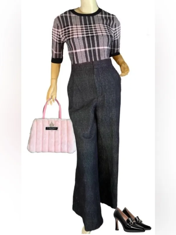 Free People Wool Blend Dark Gray Speckled Wide Leg Snap Button Hem Trousers (12) - Image 2
