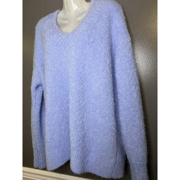 Aerie Sweater Womens Medium Blue Fuzzy Chunky Knit V Neck Pullover Cozy Soft - Image 4