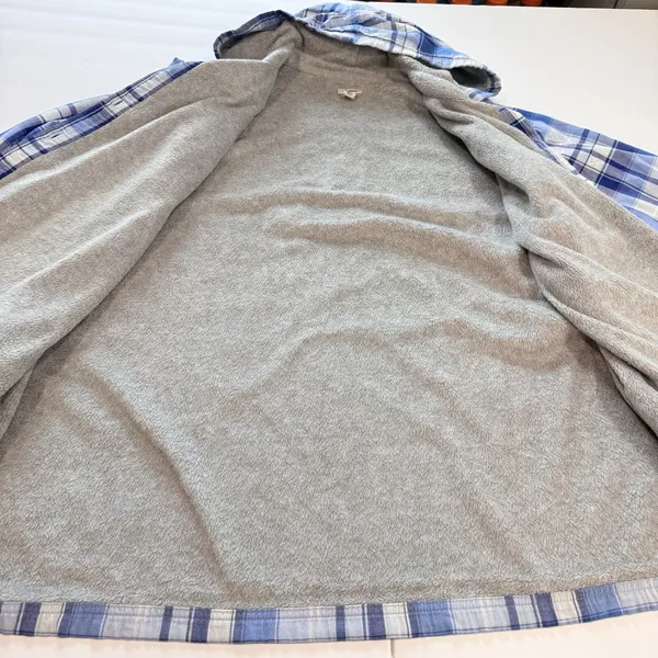 LL Bean Blue Plaid Sherpa Lined Flannel Hoodie Shirt Jacket Shacket Pockets 3X - Image 5