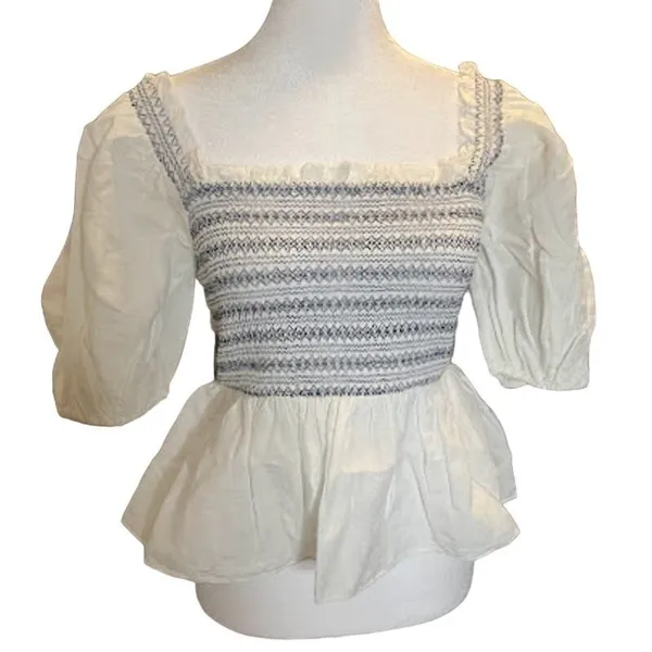 Something Navy Smocked Puff Shoulder Top Womens Small White NEW Embroidered - Image 2