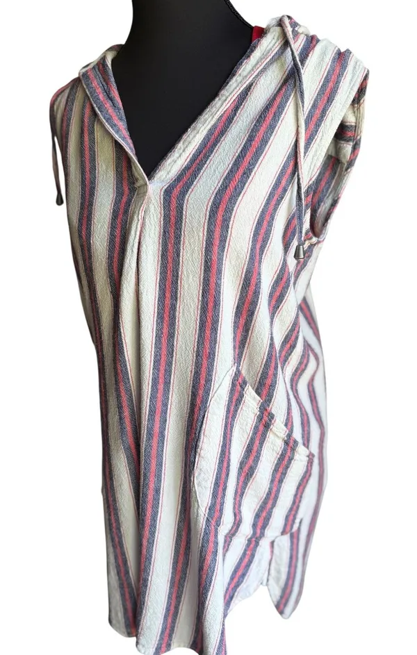 ForCynthia Beachwear Linen Blend Striped Hooded Cover Up Tunic Small - Image 2