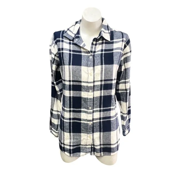 LOFT Women's Plaid Flannel Tunic Shirt Navy Blue & White Size M - Image 3