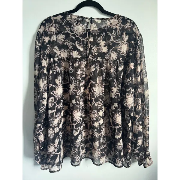 Sanctuary XL Floral Sheer‎ Blouse Black Pink Long Sleeve Boho Top Spring Flowy - Image 2