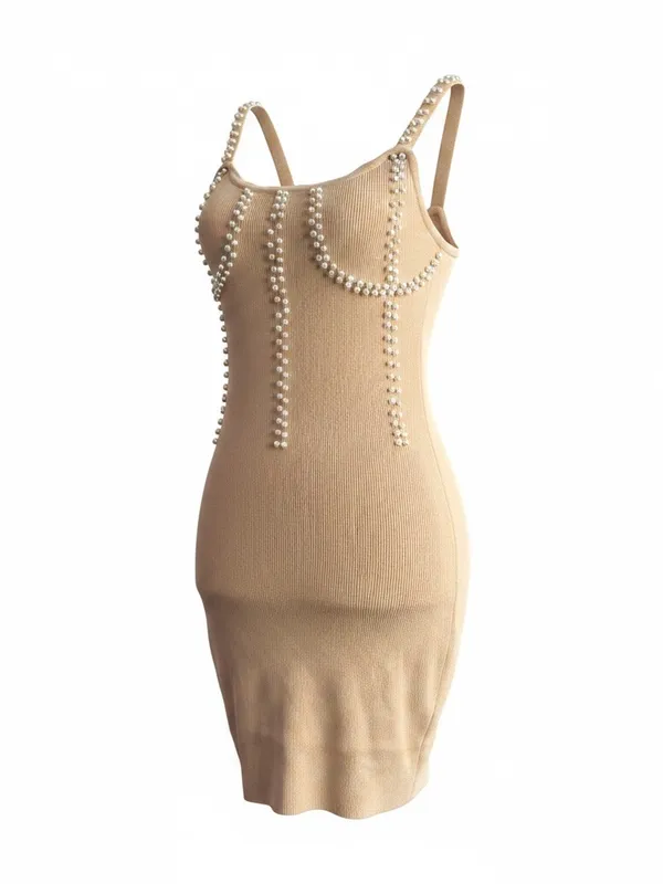 Beige Pearl-Embellished Knit Mini Dress - Image 2