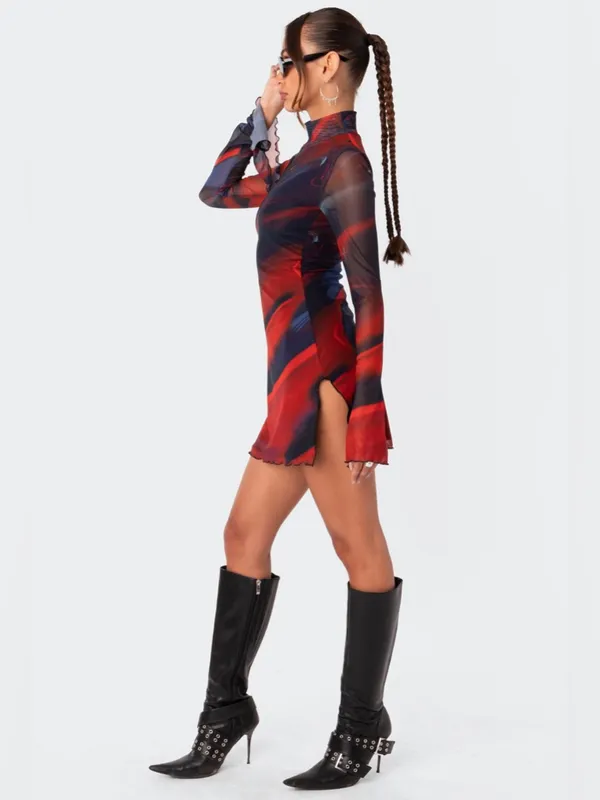 Edikted Sparks Fly Mesh Mini Dress Red Black Swirl Slit Bell Sleeve Medium New - Image 3
