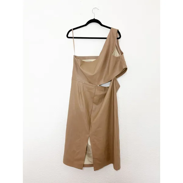NWT L'Agence Tan Brown Aliyah Cutout One-Shoulder Faux Leather Dress Size 18 - Image 14