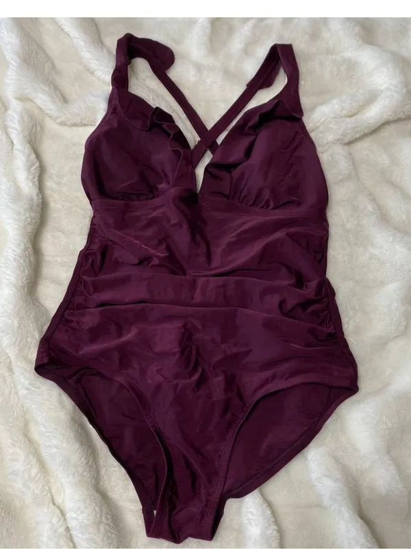 Kona Sol Deep Plum Ruffle V-Neck Shirred One-Piece Swimsuit | Size Large - Image 2