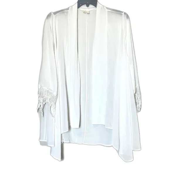 Anthropologie Ivory Sheer Kimono Cardigan Size L Crochet Lace Sleeve Fringe Boho - Image 2